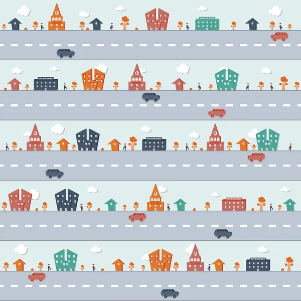 Vector City Repeating Pattern with City Hall, Toy Factor and Toy Cars