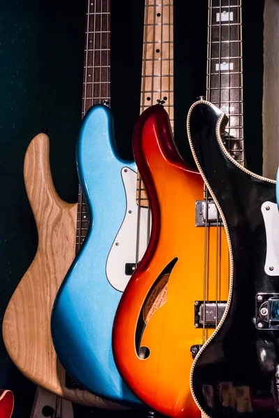 Electric guitars on display in a music shop