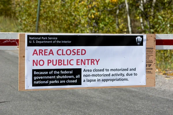 US National Parks closure sign at entrance to the Grand Tetons