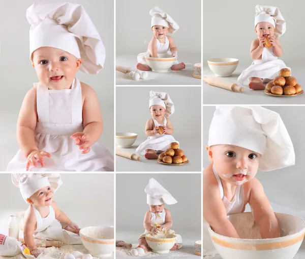 Happy cute little baby in a cook cap cooking buns