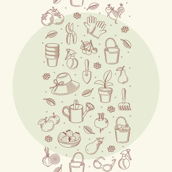 Vector seamless border of hand drawn garden tools, vegetables and fruits