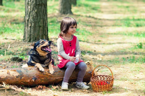 Happy little girl with dog sitting on the snag in the forest