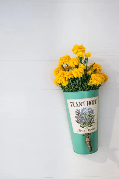 Flower pot with yellow flowers hanging on a house wall