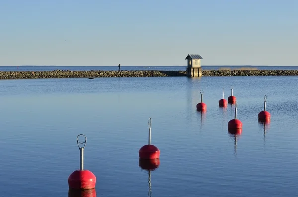 A view on a small house on the sea coastline with red buoys.