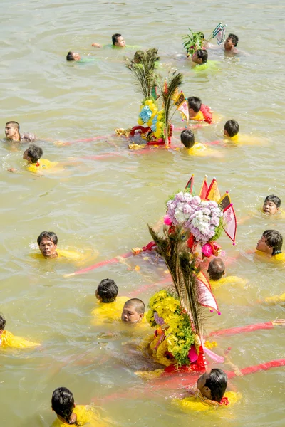 Chinese Goddess Palanquins Are Carried Across The River