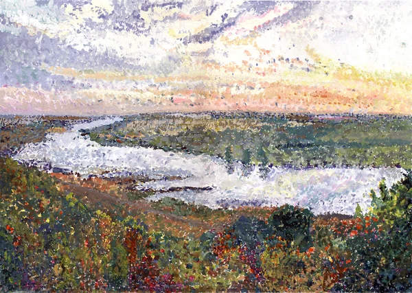 River landscape at sunset. Painting. Pointilism. Gouashe.