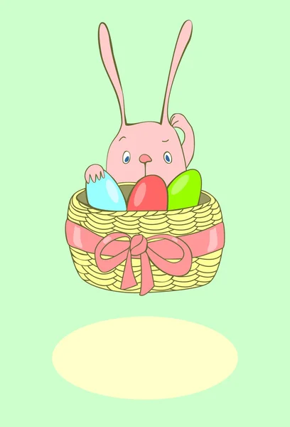 The easter rabbit looks at a basket with eggs