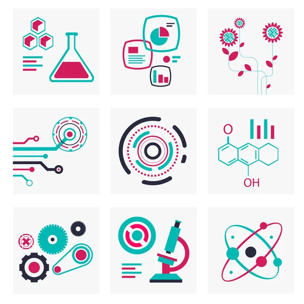Set of icons of science and technology red and green colors
