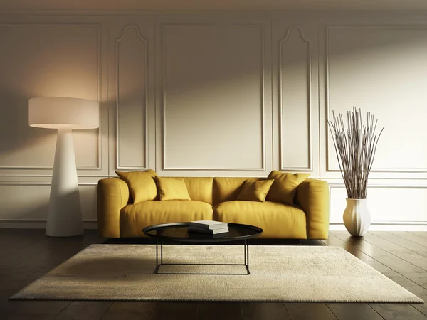 Contemporary elegant living room, yellow sofa, wood floor