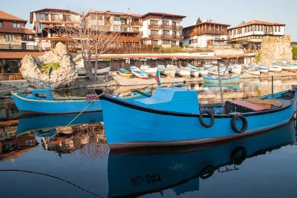 Old wooden fishing boat in port of nessebar, ancient city on the Black Sea coast of Bulgaria