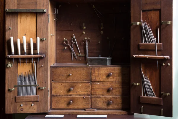 Vintage old drawer with medical dental equipment