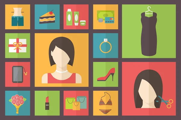 Set of flat design beauty concept icons. Woman needs, shopping preferences and wishes. Vector illustration.