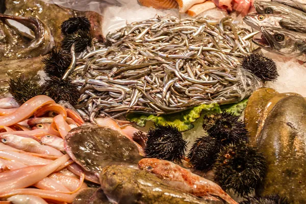 A fish stall in La Boqueria Market Las Ramblas Barcelona Spain