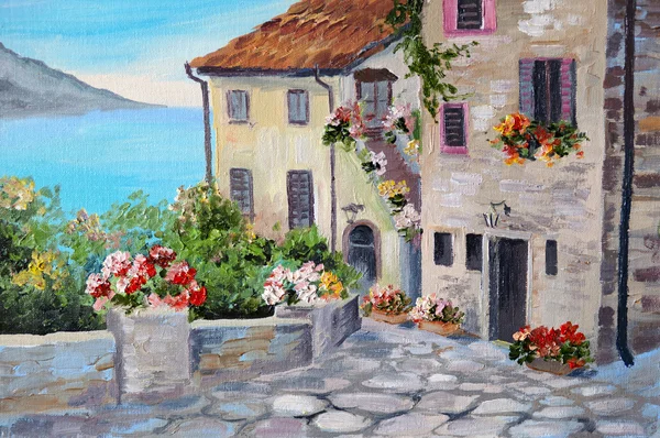 Oil painting on canvas of a beautiful houses near the sea