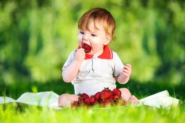 Happy baby have fun in the Park on a Sunny meadow with strawberr