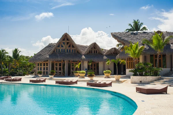 Outdoor resort swimming pool of luxury hotel.