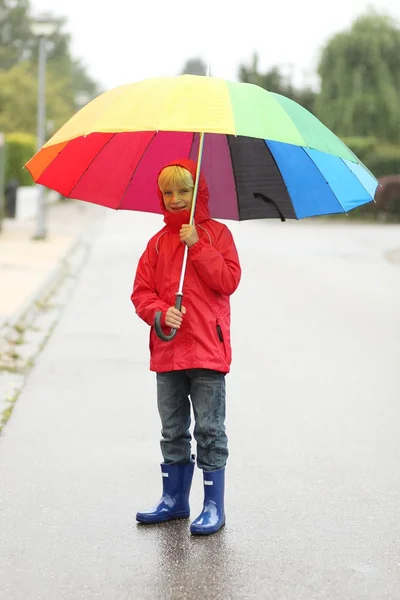 Boy walking on the street under umbrella on a rainy day