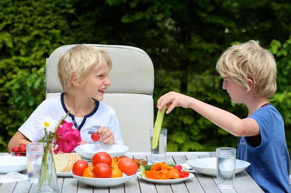 Two young boys having healthy lunch outdoors