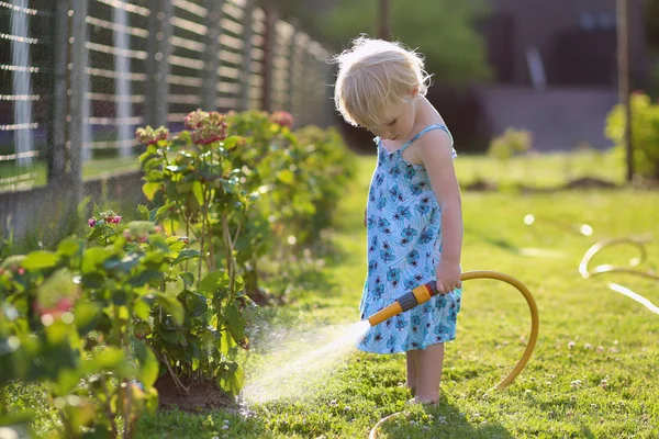 Cute little girl watering flowers in the garden using spray hose