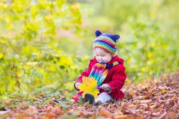 Little baby girl playing with autumn leaves
