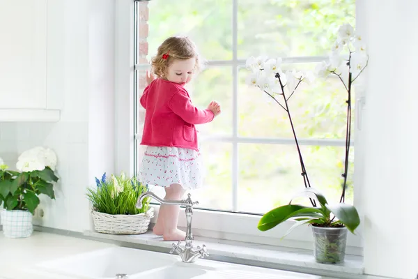 Toddler girl watching out a window