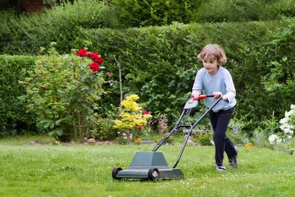 Boy playing with a lawn mower