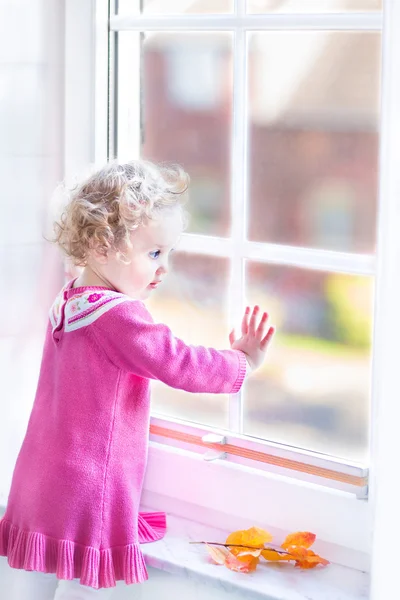 Toddler girl standing next to a window