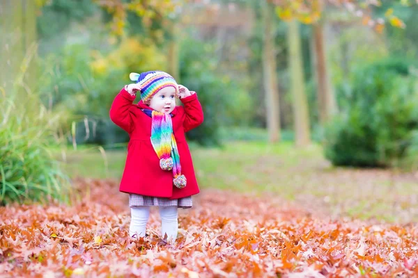 Toddler girl playing in an autumn park