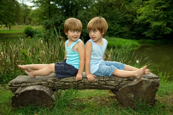 Adorable Little Twin Brothers Sitting on a Wooden Bench, Smiling and Looking at Each Other Near the Lake