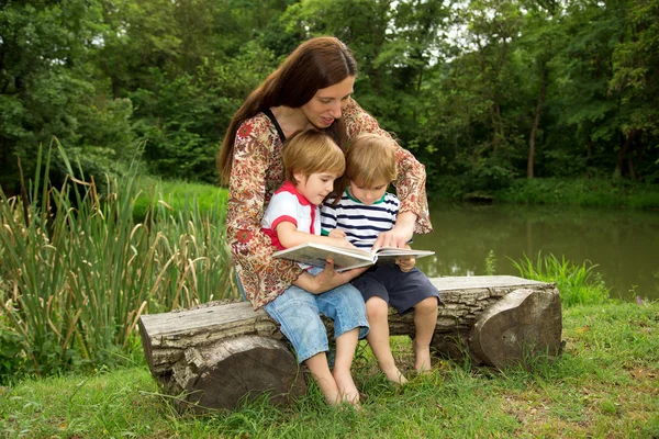 Charming Mother Reading a Book to Her Adorable Little Twin Sons While Sitting Outside  Near Beautiful Lake