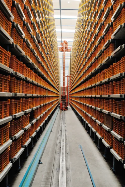 Inside a warehouse with yellow shelves