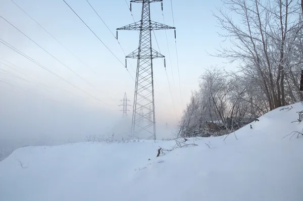 Fog at the winter near the electric wires