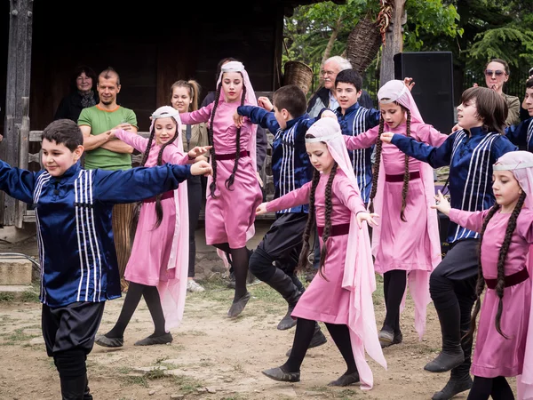 Children in traditional clothes dance national dances during the annual Young Wine Festival in n the Ethnographic Museum in Tbilisi on May 11, 2013.