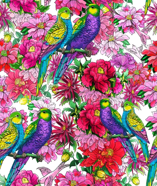 Parrots and beautiful flowers