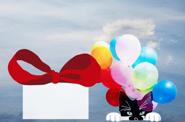 Birthday card, drawing a kitten with a gift, balloons in the sky