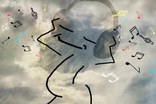 Musical funny man with headphones, sky with clouds, notes