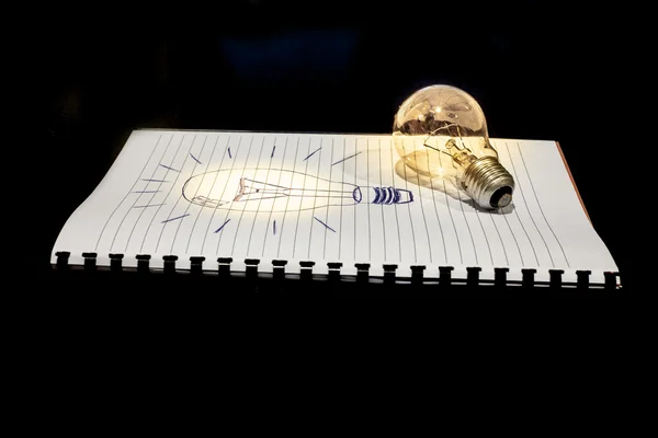 Concept of idea a drawn and a real light bulb