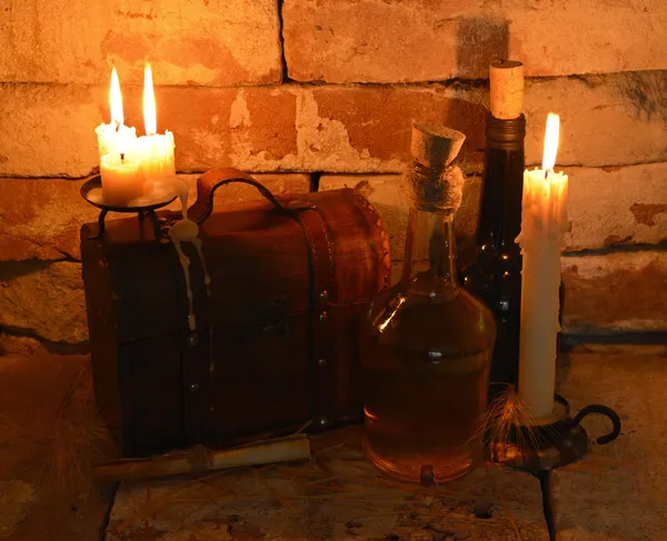 Bottles and old box in cellar