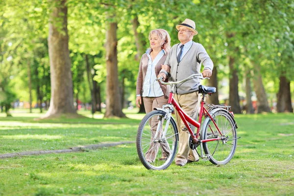 Happy mature couple pushing bike