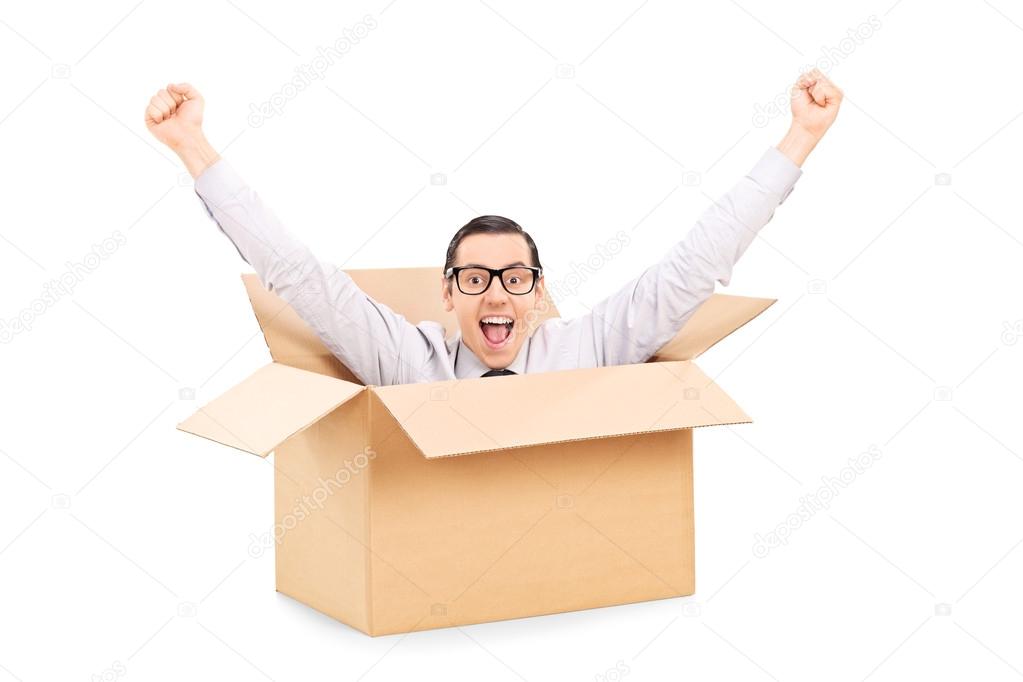 Gesturing Happiness Inside A Box Gesturing Happiness Inside Box Stock Photo