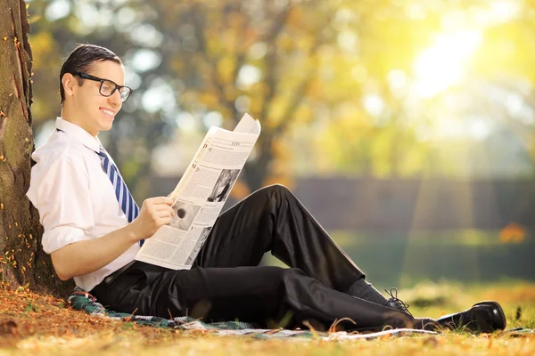 Man reading newspaper in park