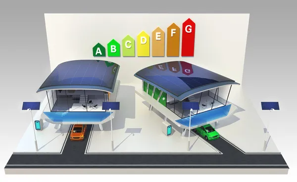 Futuristic smart houses with solar panel. energy saving appliance.