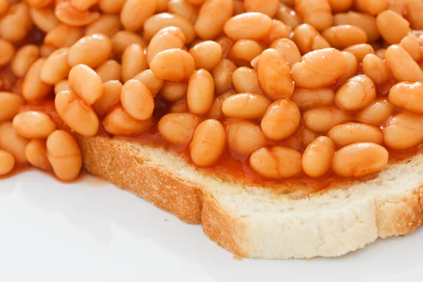 Detail of baked beans on white toast.