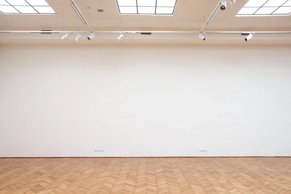 Large white wall with wooden floor tiles and roof skylights