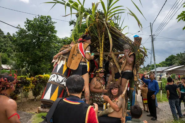 SARAWAK, MALAYSIA: JUNE 1, 2014: People of the Bidayuh tribe, an indigenous native people of Borneo, in traditional costumes, take part in a street parade to celebrate the Gawai Dayak festival.