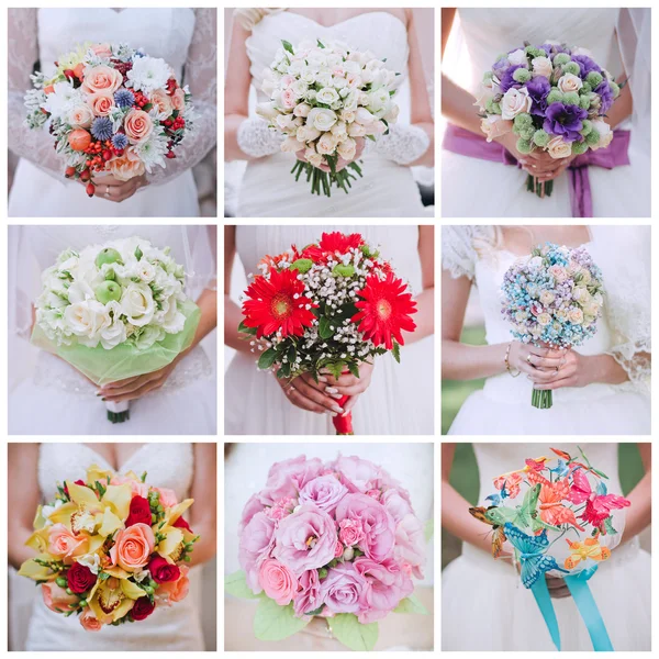 Collage of nine photos of wedding bouquet