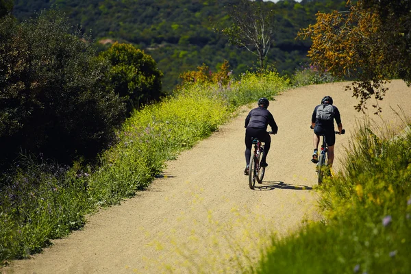 Couple riders with the bikes moving up so hard on the mountain trail