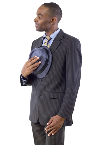 Black businessman taking hat off
