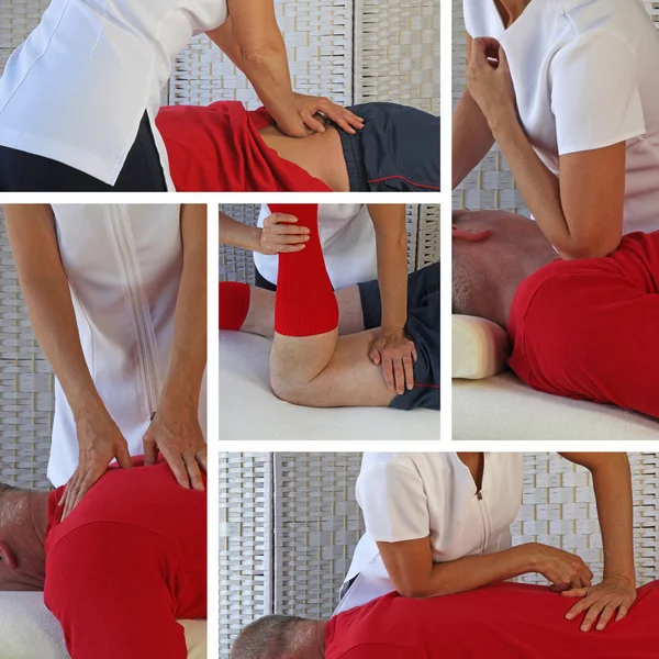 Female sports massage therapist working on male sports client