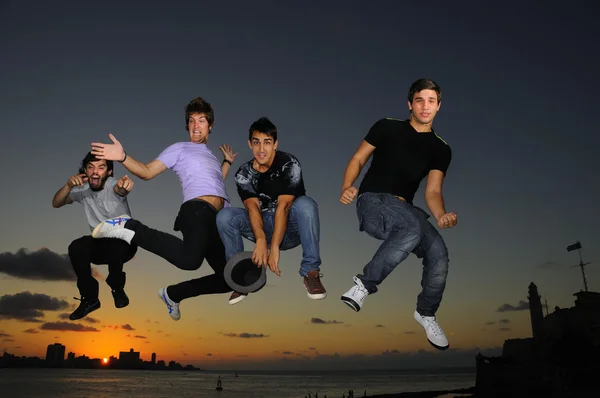 Happy young male group jumping  at sunset
